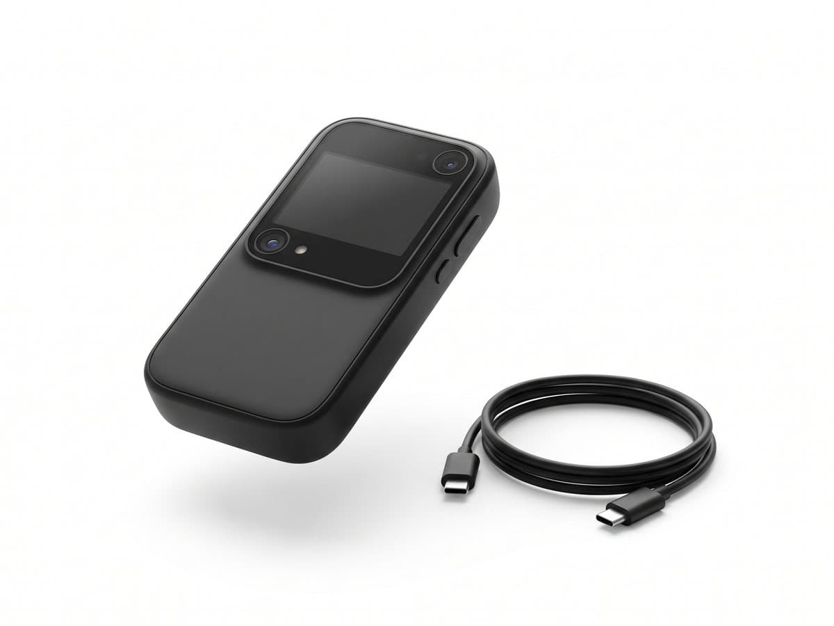 Petit boîtier d’informatique spatiale noir mat tenu en main avec un câble USB-C