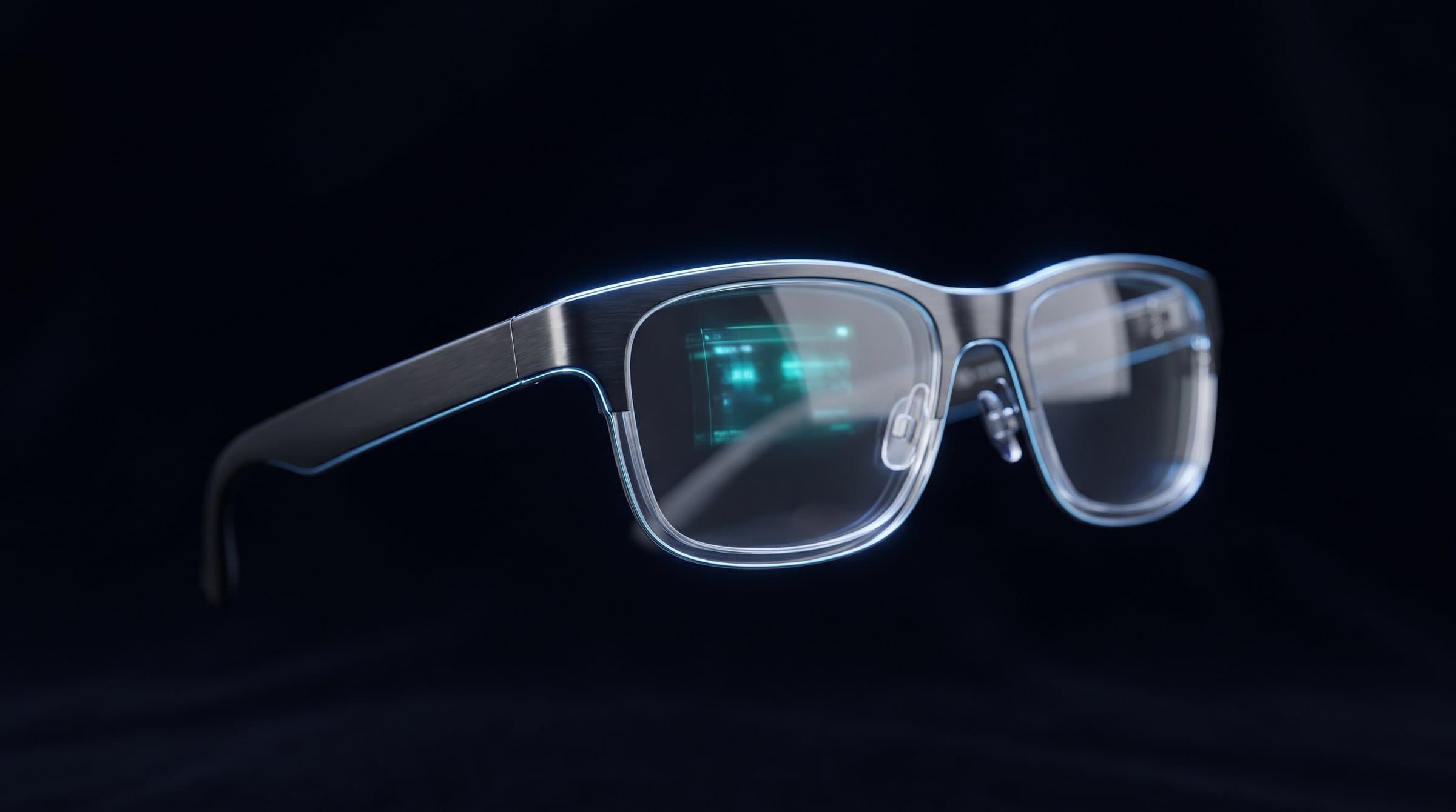 Lunettes connectées futuristes aux verres transparents sur fond noir